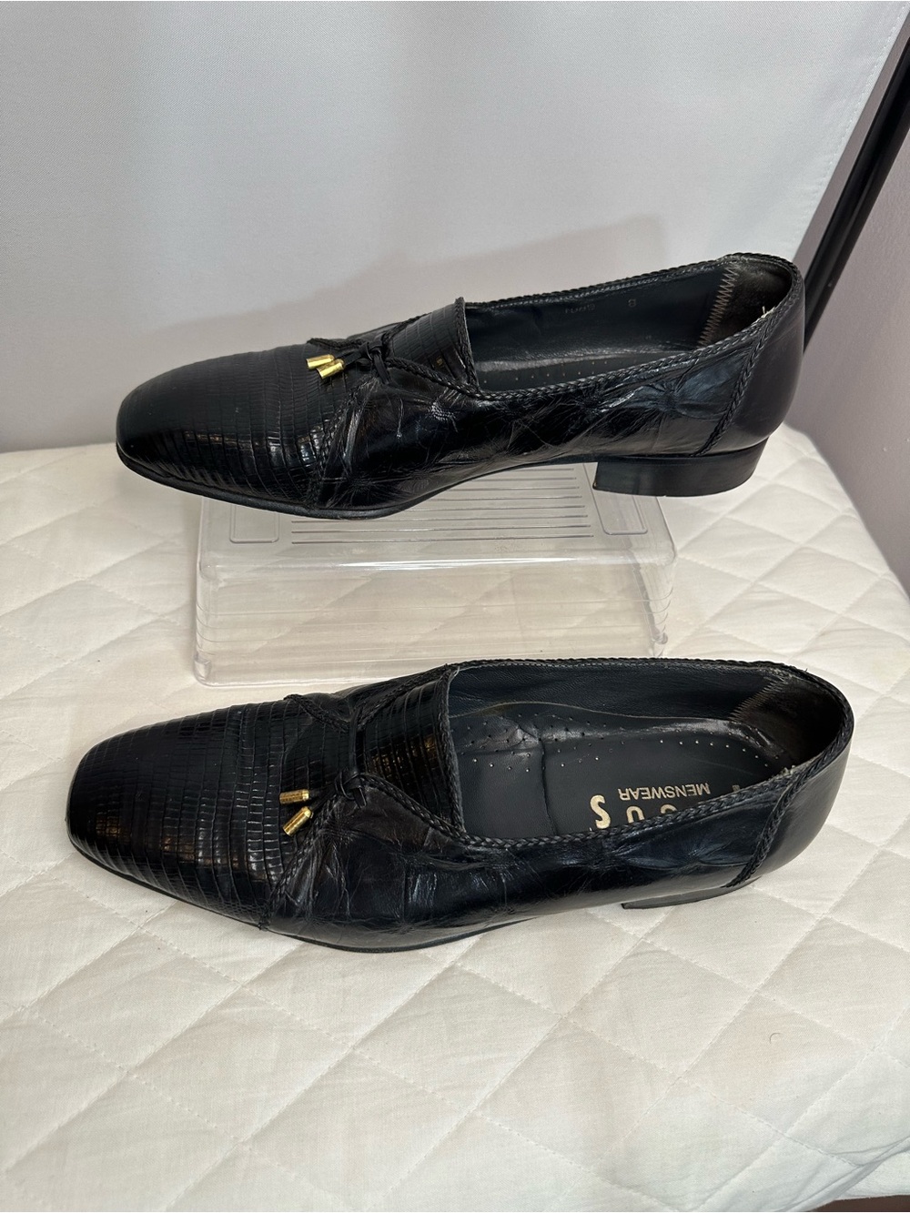 Focus Mens Size 8 Vintage Patent Black Leather Slip-On Dress Loafers Shoes
